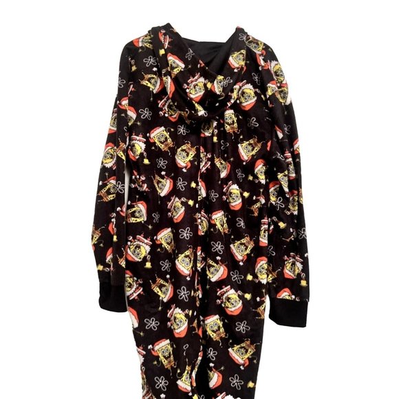 Christmas SpongeBob Squarepants PJs Comfy One Piece Black Loungewear w Hood NEW - Picture 8 of 14